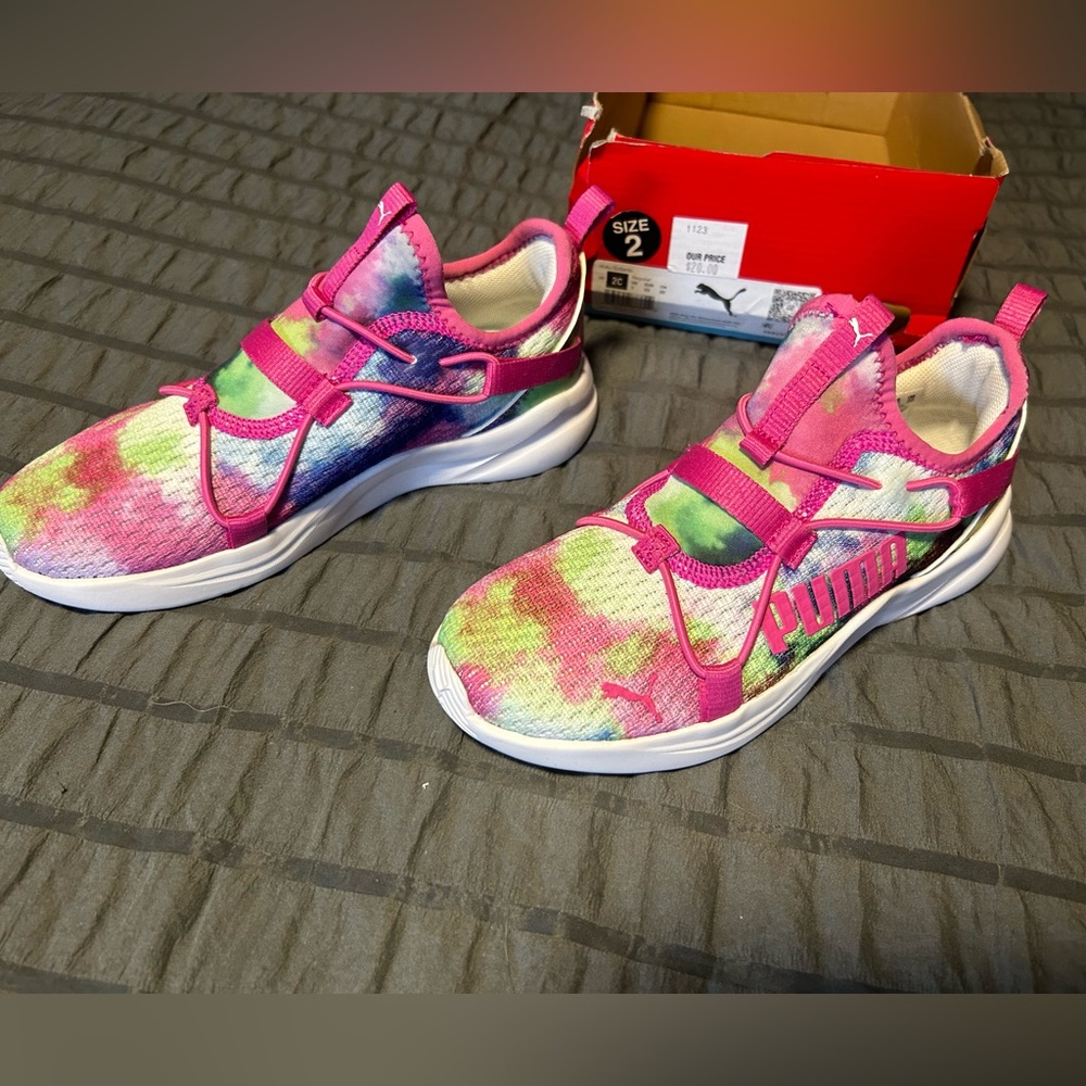 Girls Colorful Tye Dye Bungee Lace Slip On Puma Shoes